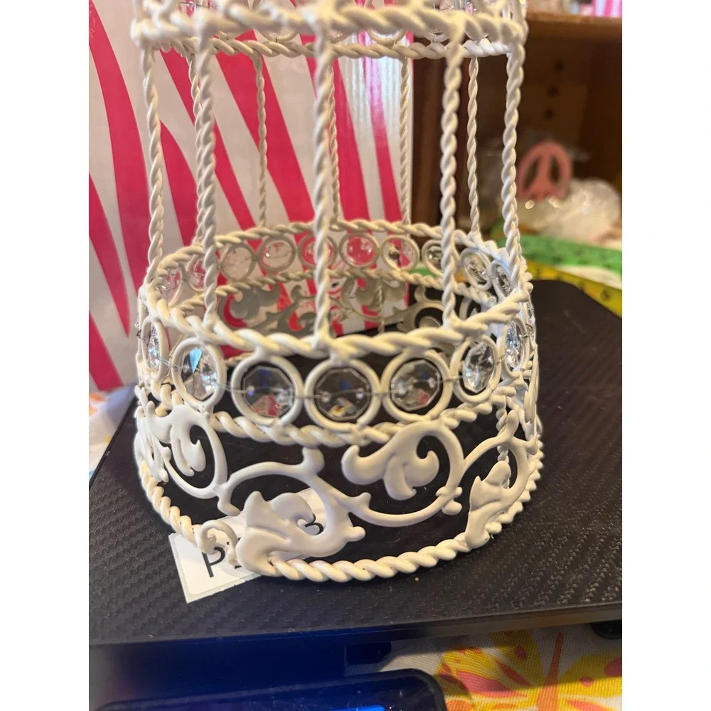 Pink Zebra White Metal Crystal Birdcage Shabby Chic Decorative